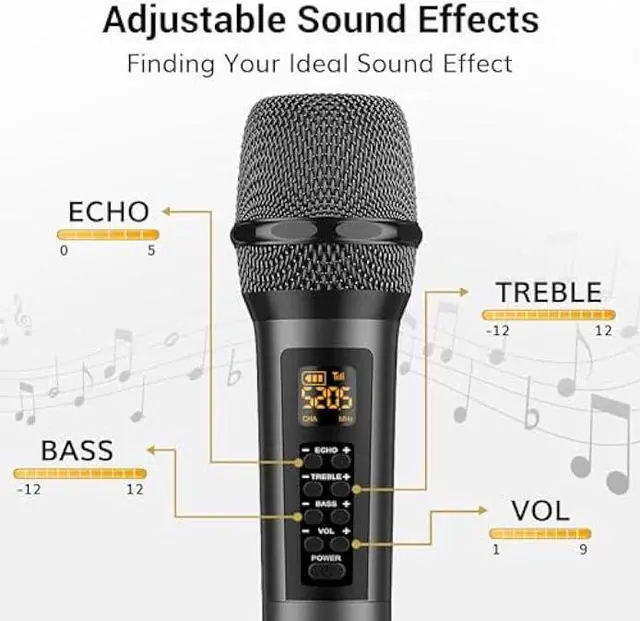 Alt view image 2 of 5 - TONOR Wireless Microphone with Treble/Bass/Echo, Dynamic Handheld Singing Mic with Receiver for Stage Wedding Karaoke Machine PA System Speaker Amp Mixer, 30 UHF Adjustable Frequencies, 200ft TW515