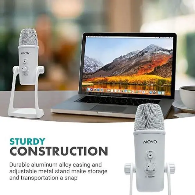 Alt view image 6 of 7 - Movo UM700W White Desktop USB Microphone for Computer - Studio Mic with 4 Pickup Patterns - USB Gaming Microphone for PC, Mac, and Android - Best Mic for Podcast Recording and Streaming Setup