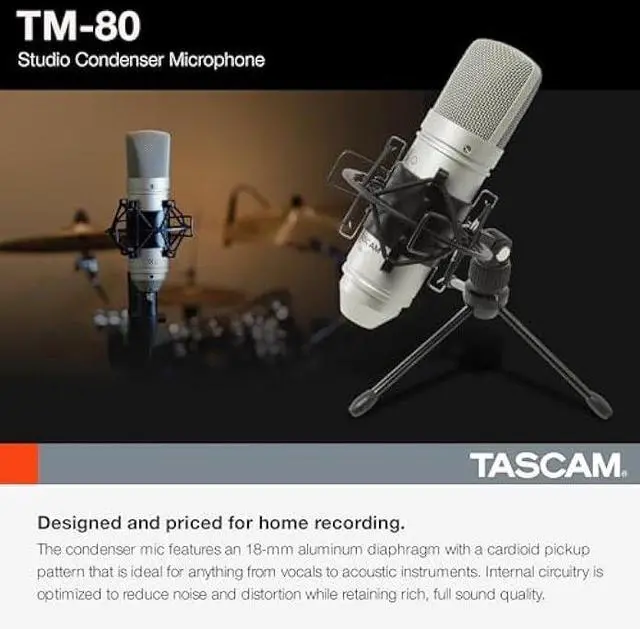 Alt view image 3 of 7 - Tascam TM-80 Large Diaphagm Condenser Microphone,Silver