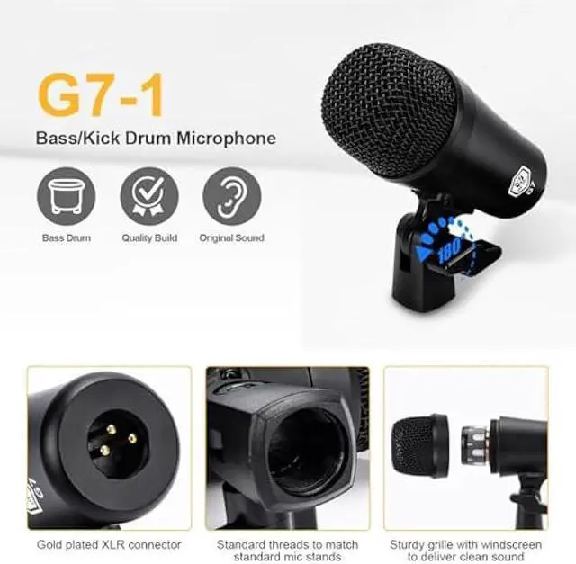 Alt view image 4 of 5 - W IN-MIX G7 7-Piece Wired Dynamic Drum Mic Kit (Whole Metal)- Kick Bass, Tom/Snare & Cymbals Microphone Use for Drums, Vocal, Other Instrument Complete with Thread Clip, Mics Holder