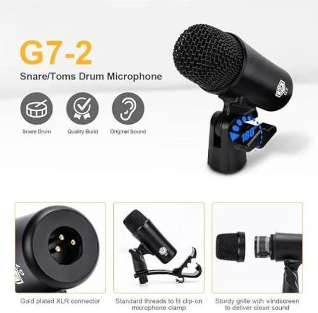 Alt view image 5 of 5 - W IN-MIX G7 7-Piece Wired Dynamic Drum Mic Kit (Whole Metal)- Kick Bass, Tom/Snare & Cymbals Microphone Use for Drums, Vocal, Other Instrument Complete with Thread Clip, Mics Holder