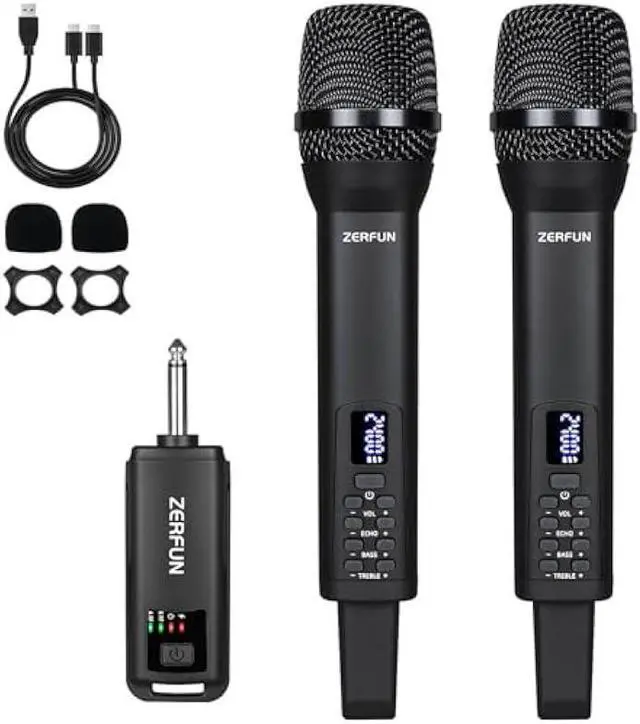 Main image of Dual Rechargeable Wireless Microphones, Pro Handheld Cordless Mics System with Echo Treble BASS VOL Control for Karaoke Singing Church Party, 1/4'' Output, Black