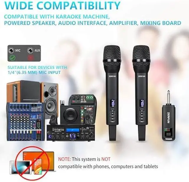 Alt view image 2 of 7 - Dual Rechargeable Wireless Microphones, Pro Handheld Cordless Mics System with Echo Treble BASS VOL Control for Karaoke Singing Church Party, 1/4'' Output, Black