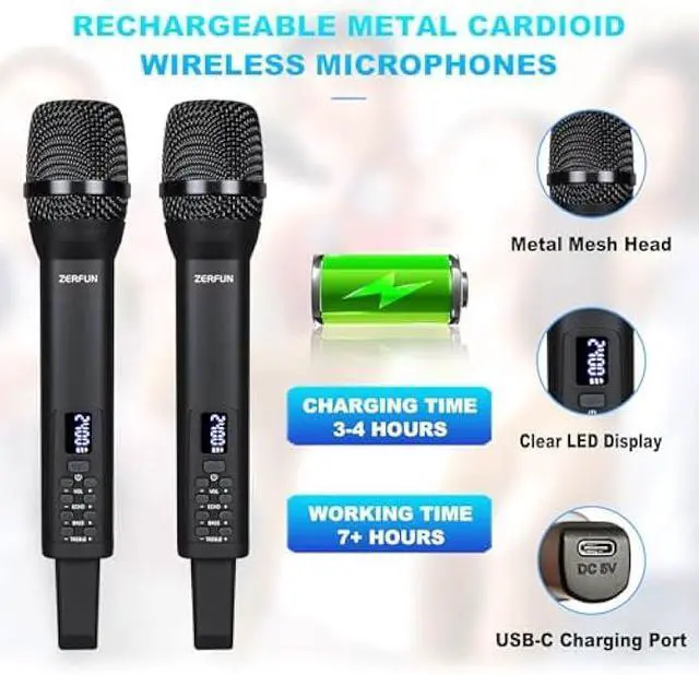 Alt view image 3 of 7 - Dual Rechargeable Wireless Microphones, Pro Handheld Cordless Mics System with Echo Treble BASS VOL Control for Karaoke Singing Church Party, 1/4'' Output, Black