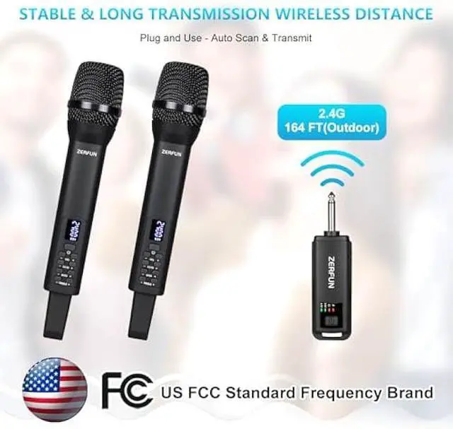 Alt view image 5 of 7 - Dual Rechargeable Wireless Microphones, Pro Handheld Cordless Mics System with Echo Treble BASS VOL Control for Karaoke Singing Church Party, 1/4'' Output, Black