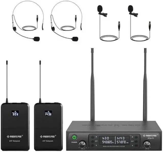 Main image of Phenyx Pro Dual UHF Wireless Microphone SystemAuto-Scan Cordless Mic Set w/ 2x100 Frequencies, 2 Bodypacks & Headsets/Lapel Microphones for Speaking, Singing, Church, DJ (PTU-71-2B)