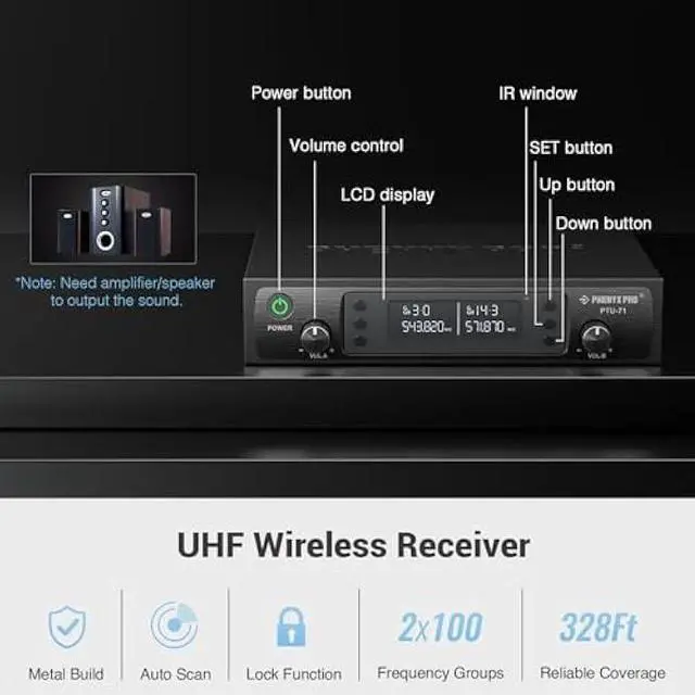 Alt view image 3 of 5 - Phenyx Pro Dual UHF Wireless Microphone SystemAuto-Scan Cordless Mic Set w/ 2x100 Frequencies, 2 Bodypacks & Headsets/Lapel Microphones for Speaking, Singing, Church, DJ (PTU-71-2B)