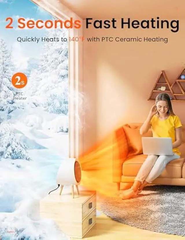 Alt view image 3 of 5 - Gaiatop Portable Space Heater for Indoor Use, 1000W/600W Small Electric Desk Heater for Bedroom or Office, 2s PTC Ceramic Heating, Overheat & Tip-Over Protection, Cute Gifts for Women Men, White