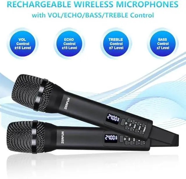 Alt view image 4 of 7 - Dual Rechargeable Wireless Microphones, Pro Handheld Cordless Mics System with Echo Treble BASS VOL Control for Karaoke Singing Church Party, 1/4'' Output, Black