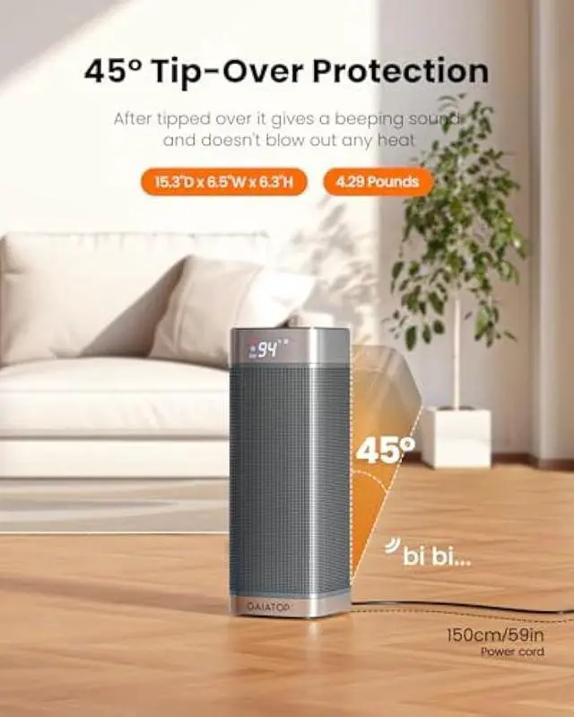 Alt view image 5 of 5 - Gaiatop Space Heaters for Indoor Use, Portable Electric Heater with Thermostat, 1500W PTC Ceramic Room Heater with Remote, 5 Modes, 60° Oscillating, 12H Timer Fast Heating Bedroom Office Bathroom Home