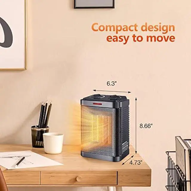 Alt view image 3 of 5 - Space Heater for Indoor Use, 1500W PTC Ceramic Heater with Thermostat, Small Space Heater 2S Rapid Heating, 3 Modes, Electric Portable Heater with Safety Protection for Bedroom, Quiet Office