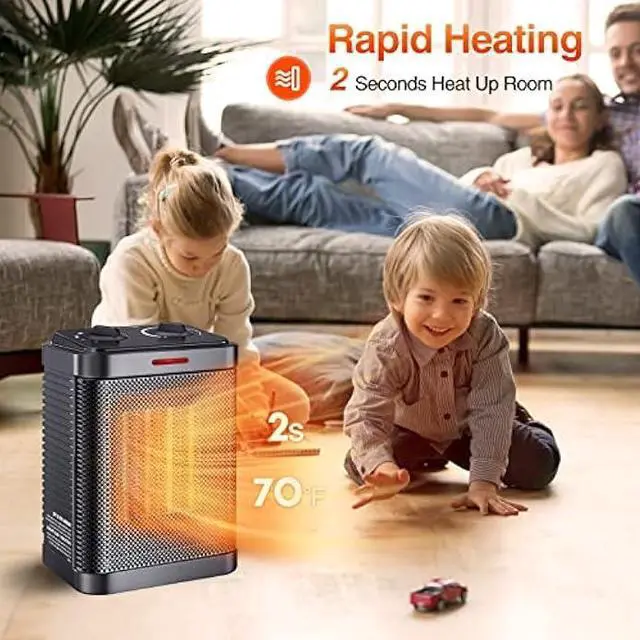 Alt view image 4 of 5 - Space Heater for Indoor Use, 1500W PTC Ceramic Heater with Thermostat, Small Space Heater 2S Rapid Heating, 3 Modes, Electric Portable Heater with Safety Protection for Bedroom, Quiet Office
