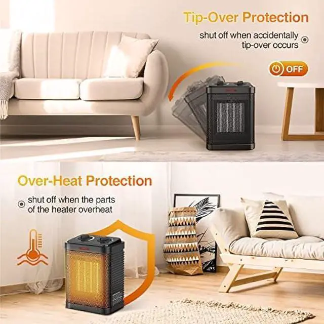 Alt view image 5 of 5 - Space Heater for Indoor Use, 1500W PTC Ceramic Heater with Thermostat, Small Space Heater 2S Rapid Heating, 3 Modes, Electric Portable Heater with Safety Protection for Bedroom, Quiet Office