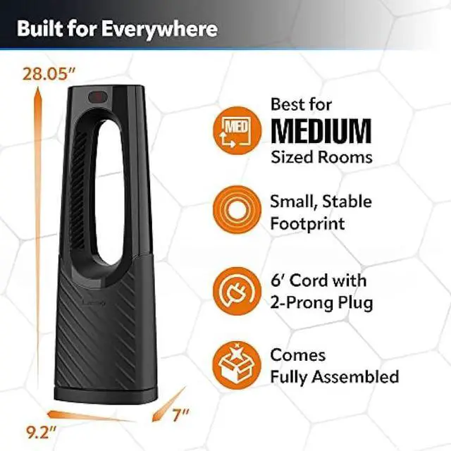 Alt view image 2 of 6 - Lasko Oscillating Bladeless Ceramic Tower Space Heater for Home with Enhanced Safety, Adjustable Thermostat, Timer and Remote Control, 38.05 x 9.19 x 7.0, Black, 1500W, CW210