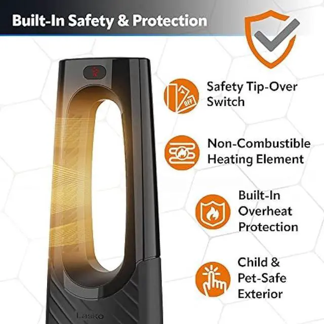 Alt view image 5 of 6 - Lasko Oscillating Bladeless Ceramic Tower Space Heater for Home with Enhanced Safety, Adjustable Thermostat, Timer and Remote Control, 38.05 x 9.19 x 7.0, Black, 1500W, CW210