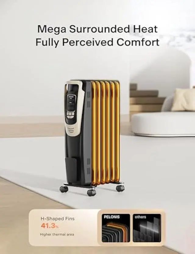 Alt view image 2 of 5 - PELONIS Champagne Oil Filled Radiator Heater with Remote and Thermostat, 5 Temperature Settings for indoor use Large Room, Energy Efficient Electric Space heater with Safety Features