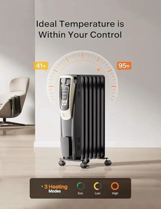 Alt view image 5 of 5 - PELONIS Champagne Oil Filled Radiator Heater with Remote and Thermostat, 5 Temperature Settings for indoor use Large Room, Energy Efficient Electric Space heater with Safety Features