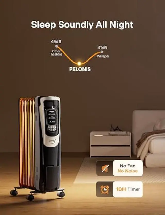 Alt view image 4 of 5 - PELONIS Champagne Oil Filled Radiator Heater with Remote and Thermostat, 5 Temperature Settings for indoor use Large Room, Energy Efficient Electric Space heater with Safety Features