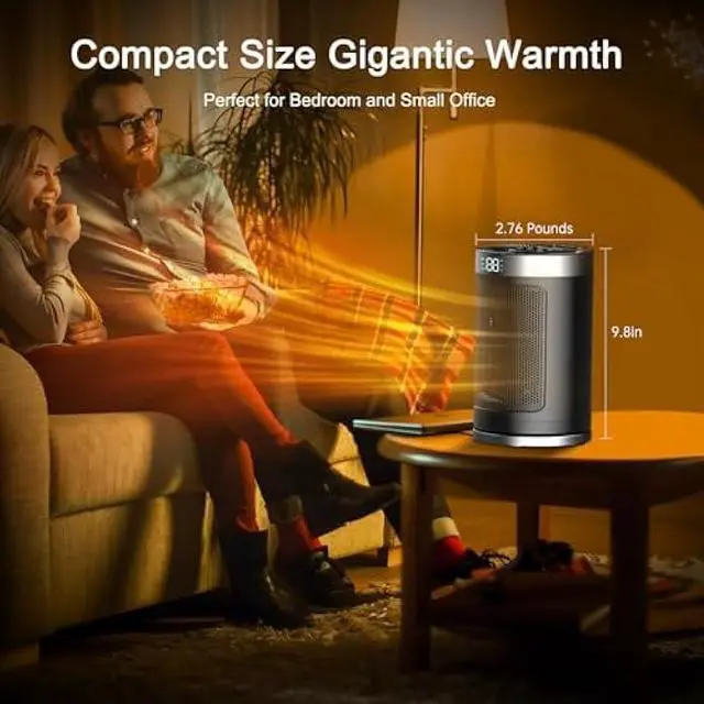 Alt view image 2 of 7 - Small Space Heater, Portable Electric Heater with Temperature Sensor for Indoor Use, Digital Display, 1-12H Timer, Eco and Fan Mode,1500W PTC Ceramic Fast Safety Heat for Office,Bedroom, Tiny Home