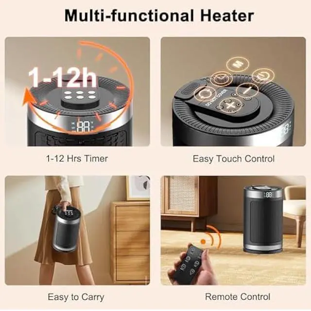 Alt view image 7 of 7 - Small Space Heater, Portable Electric Heater with Temperature Sensor for Indoor Use, Digital Display, 1-12H Timer, Eco and Fan Mode,1500W PTC Ceramic Fast Safety Heat for Office,Bedroom, Tiny Home