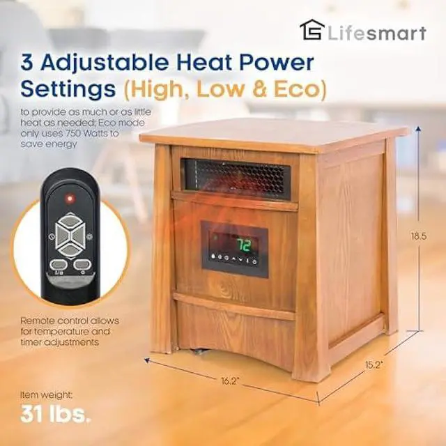 Alt view image 3 of 5 - LifeSmart LifePro Ultimate 1500 Watts Electric Infrared Quartz Space Heater with Remote and 8 Heating Elements for Indoor Use, Brown Oak Wood
