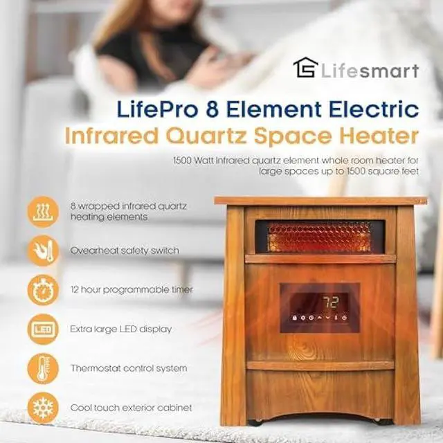 Alt view image 4 of 5 - LifeSmart LifePro Ultimate 1500 Watts Electric Infrared Quartz Space Heater with Remote and 8 Heating Elements for Indoor Use, Brown Oak Wood