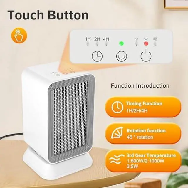 Alt view image 3 of 6 - AIDENOEY Space Heater with 3 Modes1000W Energy Efficient Quiet Mini Portable Heaters, 45°PTC Ceramic Fast Heater with Timer & Auto Shut Off Function for Office Home Indoor Use (White)