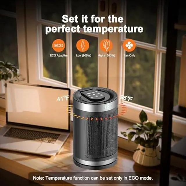 Alt view image 4 of 7 - Small Space Heater, Portable Electric Heater with Temperature Sensor for Indoor Use, Digital Display, 1-12H Timer, Eco and Fan Mode,1500W PTC Ceramic Fast Safety Heat for Office,Bedroom, Tiny Home