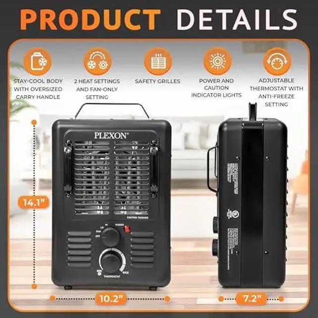 Alt view image 3 of 5 - Plexon Electric Milkhouse Space Heater 1500W, Space Heaters for Indoor Use with Adjustable Thermostat, Overheat Protection, Tip-Over Safety Switch, Ideal for Garage, Greenhouse