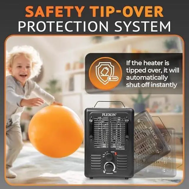 Alt view image 5 of 5 - Plexon Electric Milkhouse Space Heater 1500W, Space Heaters for Indoor Use with Adjustable Thermostat, Overheat Protection, Tip-Over Safety Switch, Ideal for Garage, Greenhouse