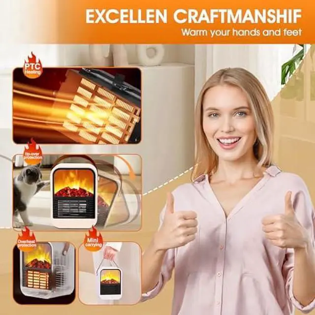 Alt view image 3 of 5 - Portable Mini Electric Fireplace Heater,Small Room Space Heaters for Indoor Use with 3D Flames,PTC Ceramic Heater, Desk Space Heater for Bedroom,Bathroom and Office Quiet Small(White)