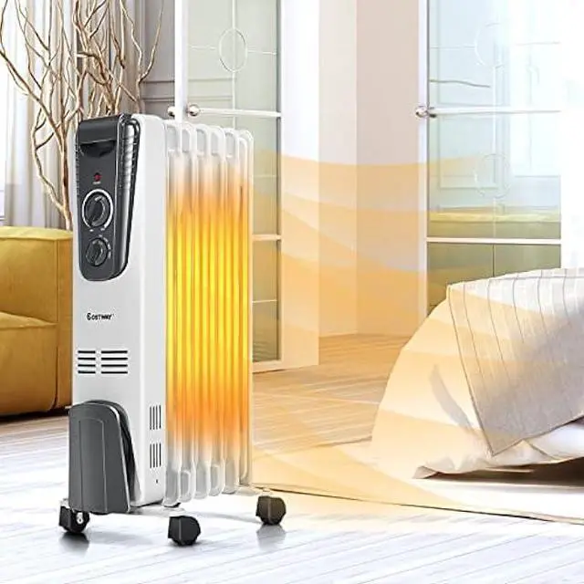 Alt view image 2 of 5 - COSTWAY Oil Filled Radiator Heater, 1500W Portable Space Heater with Adjustable Thermostat, 3 Heat Settings, Overheat and Tip-Over Protection, Electric Oil Heater for Indoor Use, Bedroom, Office
