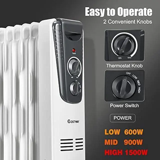 Alt view image 3 of 5 - COSTWAY Oil Filled Radiator Heater, 1500W Portable Space Heater with Adjustable Thermostat, 3 Heat Settings, Overheat and Tip-Over Protection, Electric Oil Heater for Indoor Use, Bedroom, Office