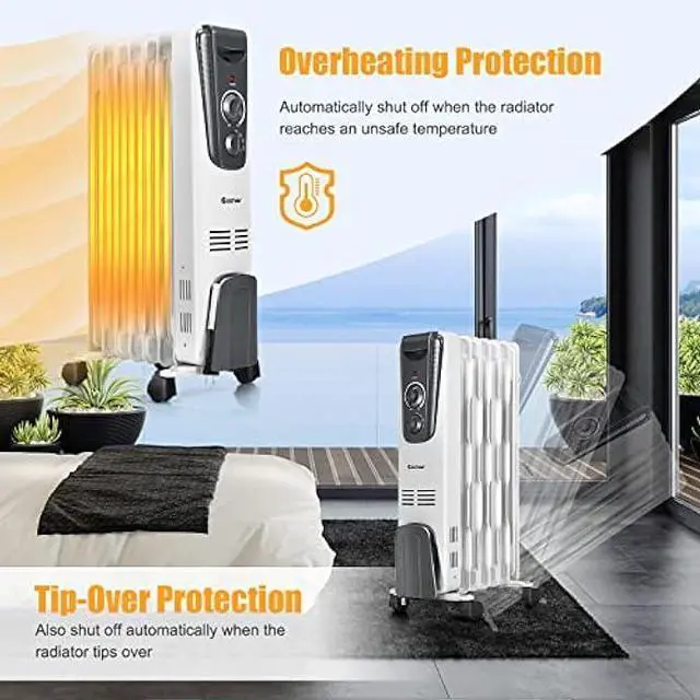 Alt view image 4 of 5 - COSTWAY Oil Filled Radiator Heater, 1500W Portable Space Heater with Adjustable Thermostat, 3 Heat Settings, Overheat and Tip-Over Protection, Electric Oil Heater for Indoor Use, Bedroom, Office