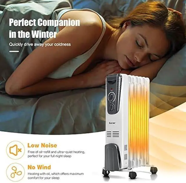 Alt view image 5 of 5 - COSTWAY Oil Filled Radiator Heater, 1500W Portable Space Heater with Adjustable Thermostat, 3 Heat Settings, Overheat and Tip-Over Protection, Electric Oil Heater for Indoor Use, Bedroom, Office
