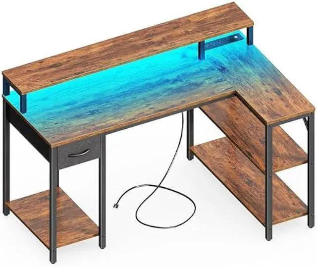 Main image of SUPERJARE 47 inch Reversible L Shaped Desk with LED Lights & Power Outlets, Computer Desk with Shelves & Monitor Stand, Gaming Desk with Drawer, Home Office Desk Corner Desk, Rustic Brown