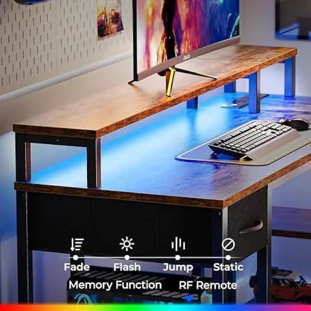Alt view image 5 of 5 - SUPERJARE 47 inch Reversible L Shaped Desk with LED Lights & Power Outlets, Computer Desk with Shelves & Monitor Stand, Gaming Desk with Drawer, Home Office Desk Corner Desk, Rustic Brown