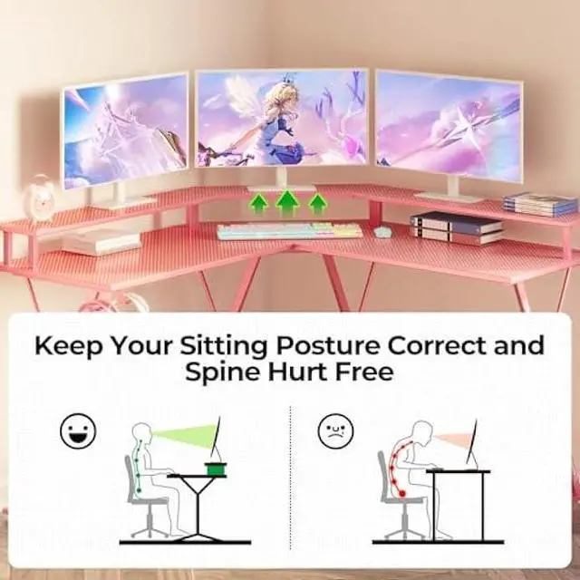 Alt view image 5 of 7 - SEVEN WARRIOR Gaming Desk 50.4 with LED Light & Power Outlets, L-Shaped Gaming Desk Carbon Fiber Surface with Monitor Stand, Ergonomic Gamer Table with Headphone Hook, Pink