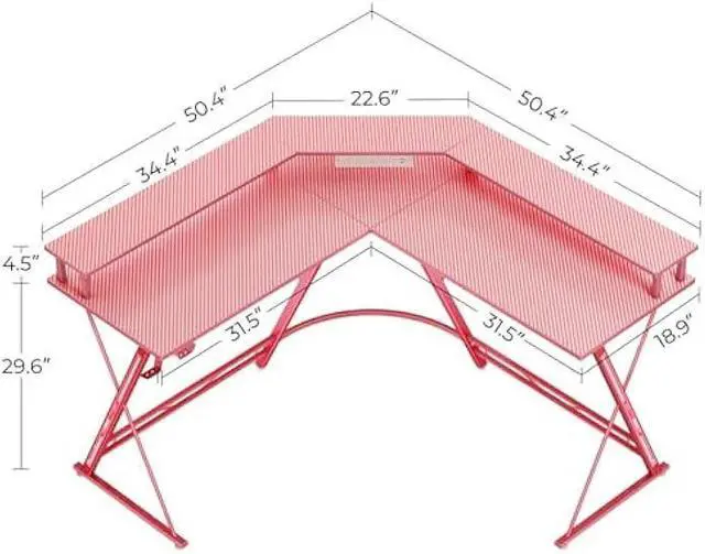 Alt view image 3 of 7 - SEVEN WARRIOR Gaming Desk 50.4 with LED Light & Power Outlets, L-Shaped Gaming Desk Carbon Fiber Surface with Monitor Stand, Ergonomic Gamer Table with Headphone Hook, Pink