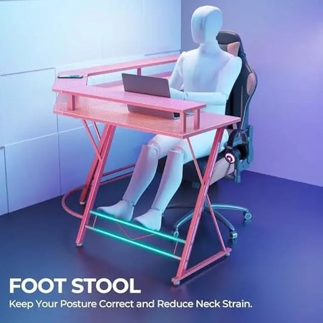 Alt view image 7 of 7 - SEVEN WARRIOR Gaming Desk 50.4 with LED Light & Power Outlets, L-Shaped Gaming Desk Carbon Fiber Surface with Monitor Stand, Ergonomic Gamer Table with Headphone Hook, Pink