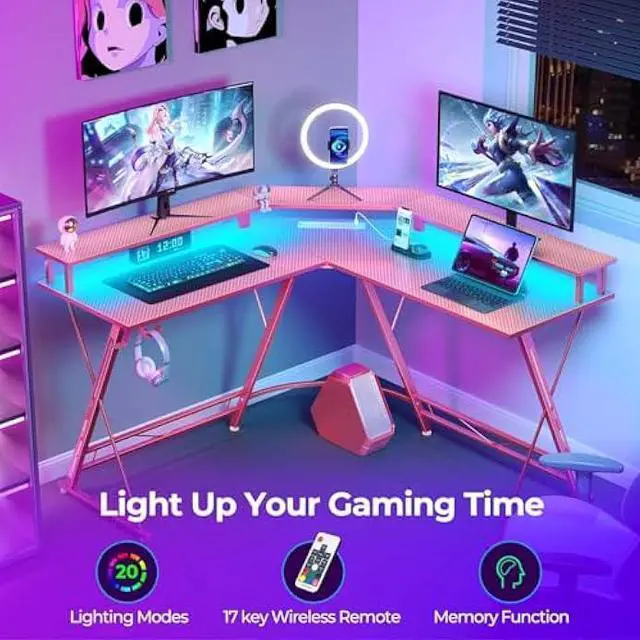 Alt view image 6 of 7 - SEVEN WARRIOR Gaming Desk 50.4 with LED Light & Power Outlets, L-Shaped Gaming Desk Carbon Fiber Surface with Monitor Stand, Ergonomic Gamer Table with Headphone Hook, Pink