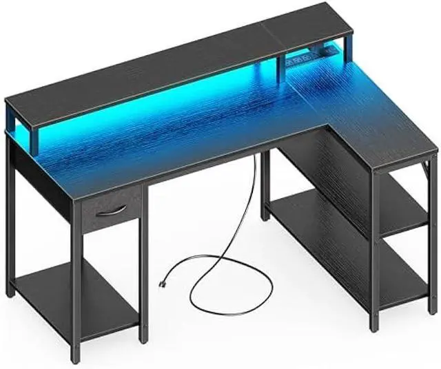 Main image of SUPERJARE Reversible L Shaped Gaming Desk with Drawer, LED Lights & Power Outlets, Corner Computer Desk with Shelves & Monitor Stand for Home, Office, Black, 47 inches