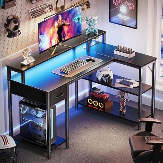 Alt view image 2 of 5 - SUPERJARE Reversible L Shaped Gaming Desk with Drawer, LED Lights & Power Outlets, Corner Computer Desk with Shelves & Monitor Stand for Home, Office, Black, 47 inches