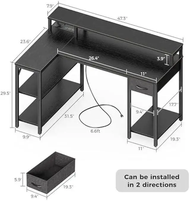 Alt view image 3 of 5 - SUPERJARE Reversible L Shaped Gaming Desk with Drawer, LED Lights & Power Outlets, Corner Computer Desk with Shelves & Monitor Stand for Home, Office, Black, 47 inches