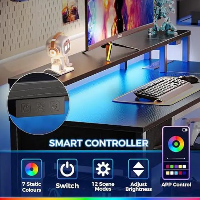 Alt view image 5 of 5 - SUPERJARE Reversible L Shaped Gaming Desk with Drawer, LED Lights & Power Outlets, Corner Computer Desk with Shelves & Monitor Stand for Home, Office, Black, 47 inches