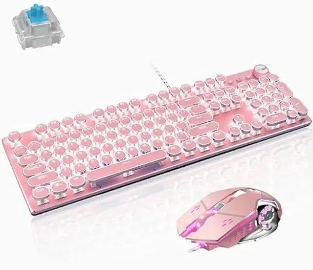 Main image of Basaltech Mechanical Gaming Keyboard and Mouse Combo, Retro Steampunk Vintage Typewriter-Style Keyboard with LED Backlit, 104-Key Anti-Ghosting Blue Switch Wired USB Metal Panel Round Keycaps, Pink