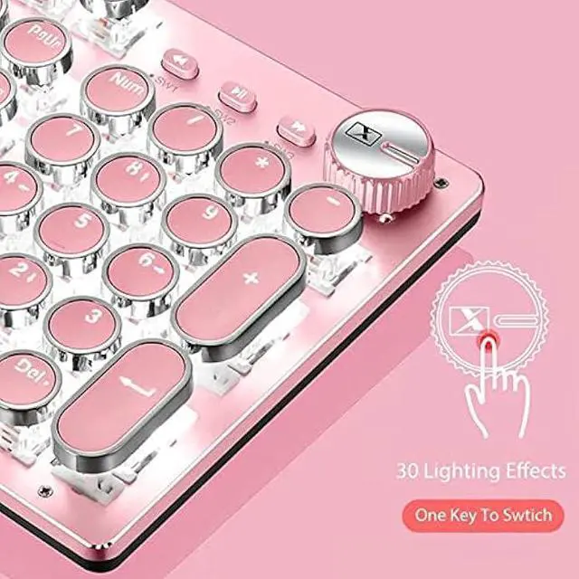 Alt view image 3 of 6 - Basaltech Mechanical Gaming Keyboard and Mouse Combo, Retro Steampunk Vintage Typewriter-Style Keyboard with LED Backlit, 104-Key Anti-Ghosting Blue Switch Wired USB Metal Panel Round Keycaps, Pink