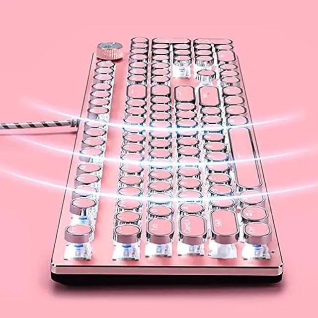 Alt view image 5 of 6 - Basaltech Mechanical Gaming Keyboard and Mouse Combo, Retro Steampunk Vintage Typewriter-Style Keyboard with LED Backlit, 104-Key Anti-Ghosting Blue Switch Wired USB Metal Panel Round Keycaps, Pink