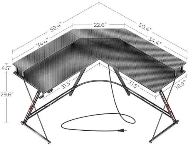 Alt view image 3 of 7 - SEVEN WARRIOR L Shaped Gaming Desk with LED Lights & Power Outlets, 50.4 Computer Desk with Monitor Stand, Corner Desk with Carbon Fiber Surface, Gaming Table with Hooks, Black
