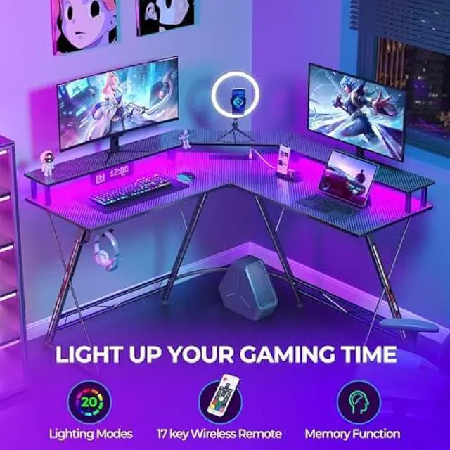 Alt view image 4 of 7 - SEVEN WARRIOR L Shaped Gaming Desk with LED Lights & Power Outlets, 50.4 Computer Desk with Monitor Stand, Corner Desk with Carbon Fiber Surface, Gaming Table with Hooks, Black